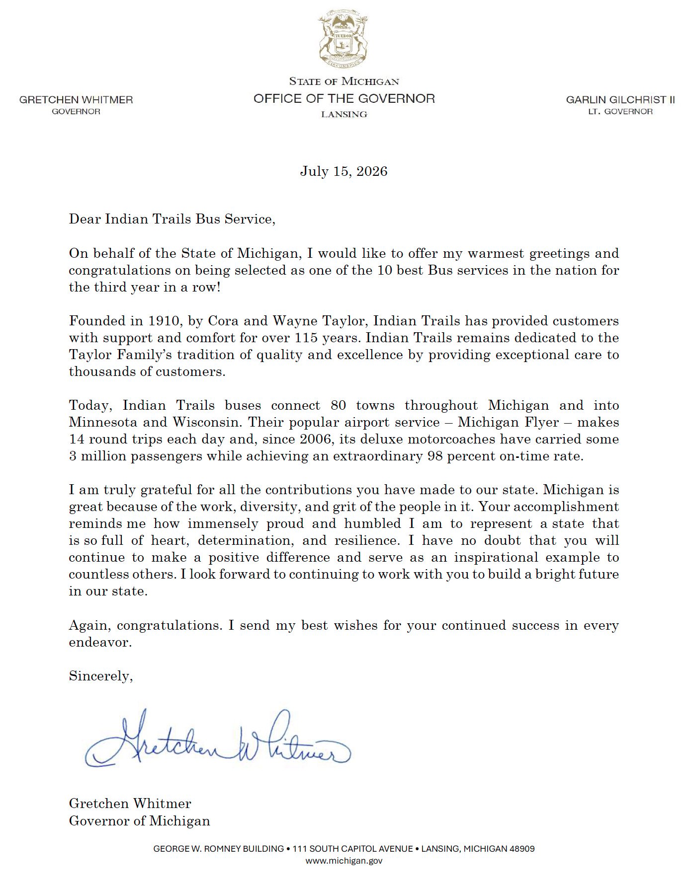 Governor Whitmer's Letter